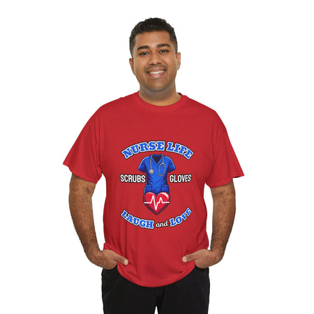 A smiling man wearing a red T-shirt with the design "Nurse Life - Scrubs, Gloves, Laugh and Love," featuring a stethoscope and heart symbol. This shirt is part of a Nurse Week clothing gift collection, ideal for nurses to celebrate and showcase their dedication. Perfect for Nurse Week clothing gifts for nurses.