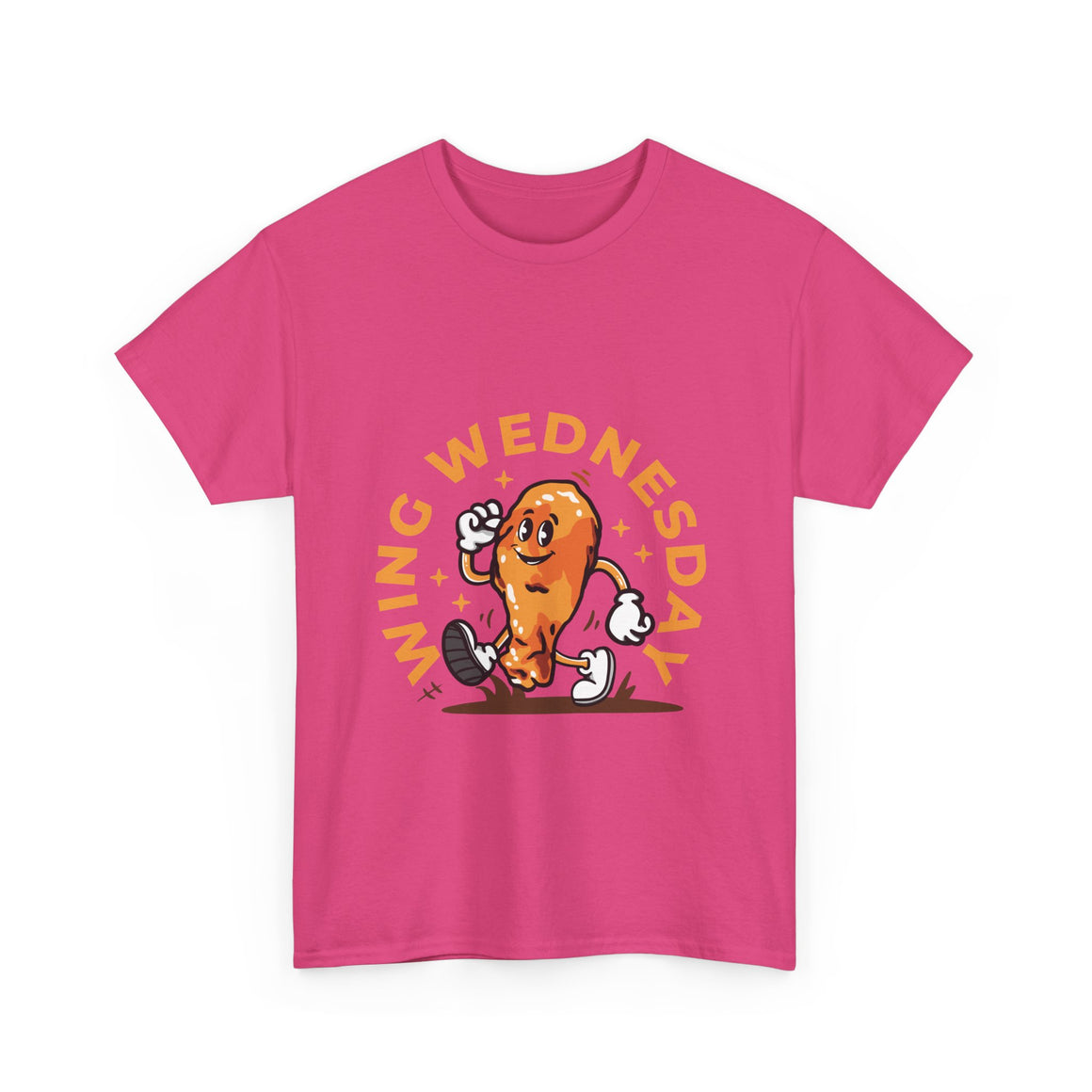 T-shirt featuring a fun 'Wing Wednesday' design with a cartoon-style chicken wing character in motion. Perfect for food lovers and those who enjoy celebrating Wing Wednesday in style.