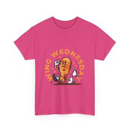 T-shirt featuring a fun 'Wing Wednesday' design with a cartoon-style chicken wing character in motion. Perfect for food lovers and those who enjoy celebrating Wing Wednesday in style.