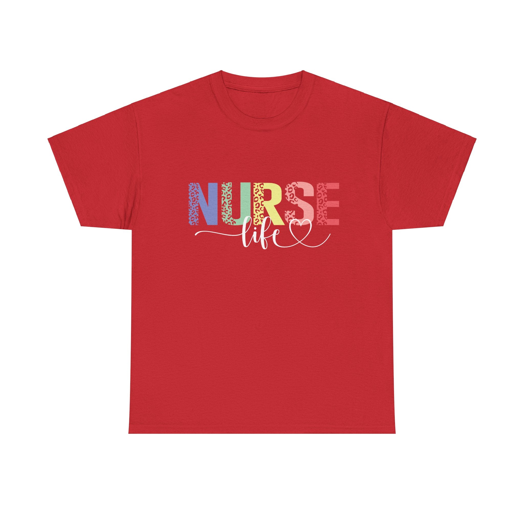 A red t-shirt with a colorful 'Nurse Life' design, showcasing nurse life t-shirt nurse week ideas for a stylish and professional look.