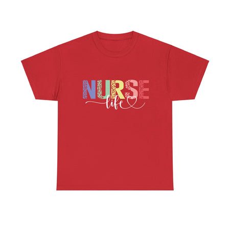 A red t-shirt with a colorful 'Nurse Life' design, showcasing nurse life t-shirt nurse week ideas for a stylish and professional look.