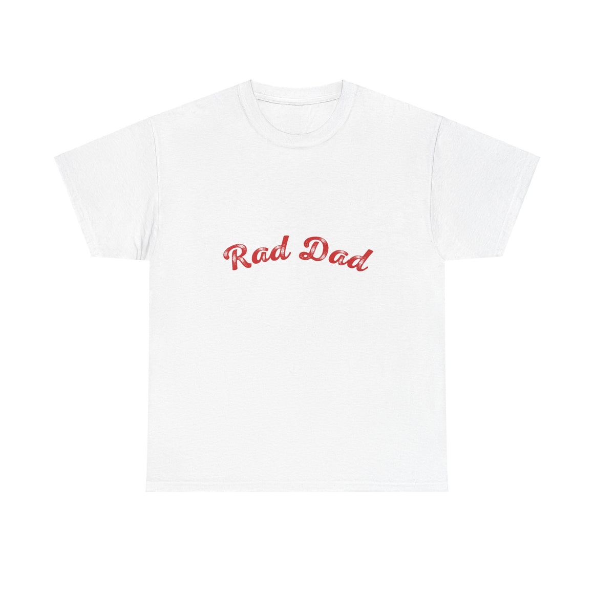 A Man standing ooutside wearing a t shirt with a Red Rad Dad Graphic on the front