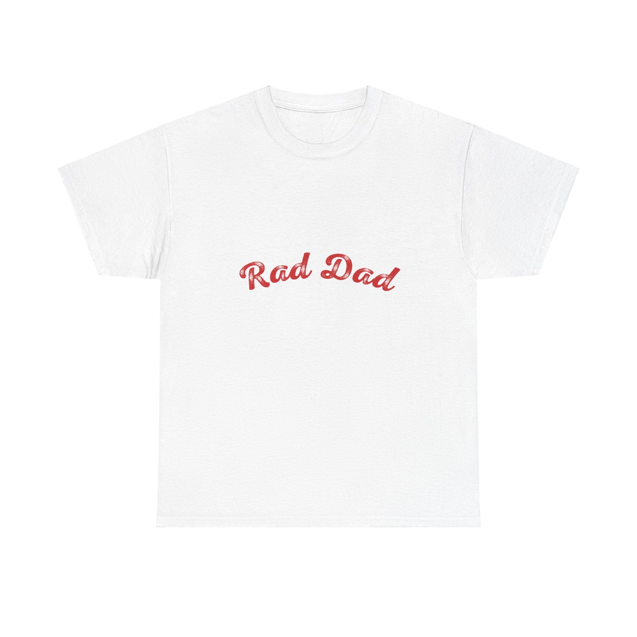 A Man standing ooutside wearing a t shirt with a Red Rad Dad Graphic on the front