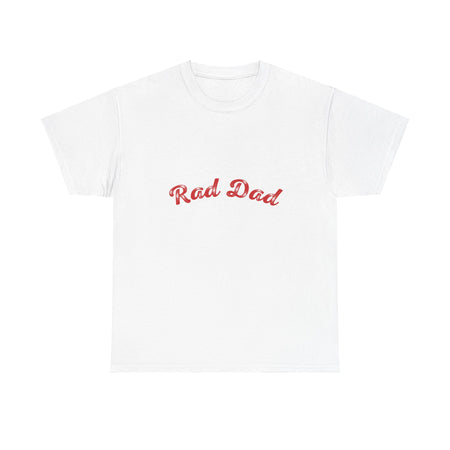 A Man standing ooutside wearing a t shirt with a Red Rad Dad Graphic on the front