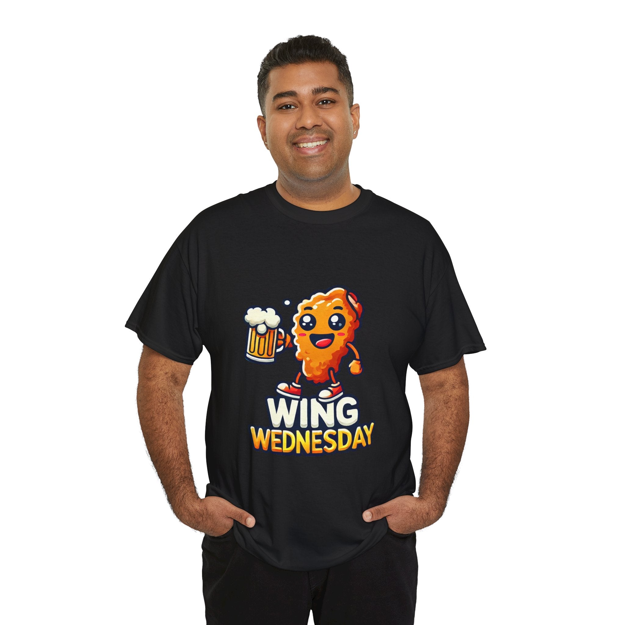 Black 'Wing Wednesday' t-shirt featuring a cheerful, cartoon-style chicken wing character holding a beer mug. Perfect for those who love celebrating Wing Wednesday with a fun and playful design.