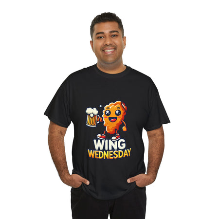 Black 'Wing Wednesday' t-shirt featuring a cheerful, cartoon-style chicken wing character holding a beer mug. Perfect for those who love celebrating Wing Wednesday with a fun and playful design.