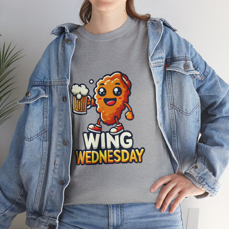 Wing Wednesday' t-shirt featuring a cheerful, cartoon-style chicken wing character holding a beer mug. Perfect for those who love celebrating Wing Wednesday with a fun and playful design.