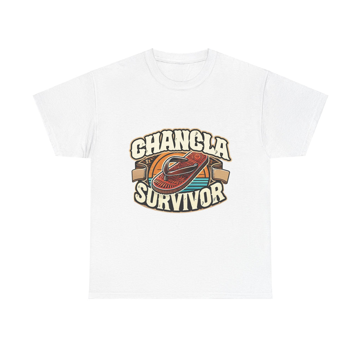 Hot Pink T-shirt featuring a retro-inspired 'Chancla Survivor' design with a graphic of a traditional sandal. Perfect for those with a sense of humor about family discipline and nostalgic cultural references.