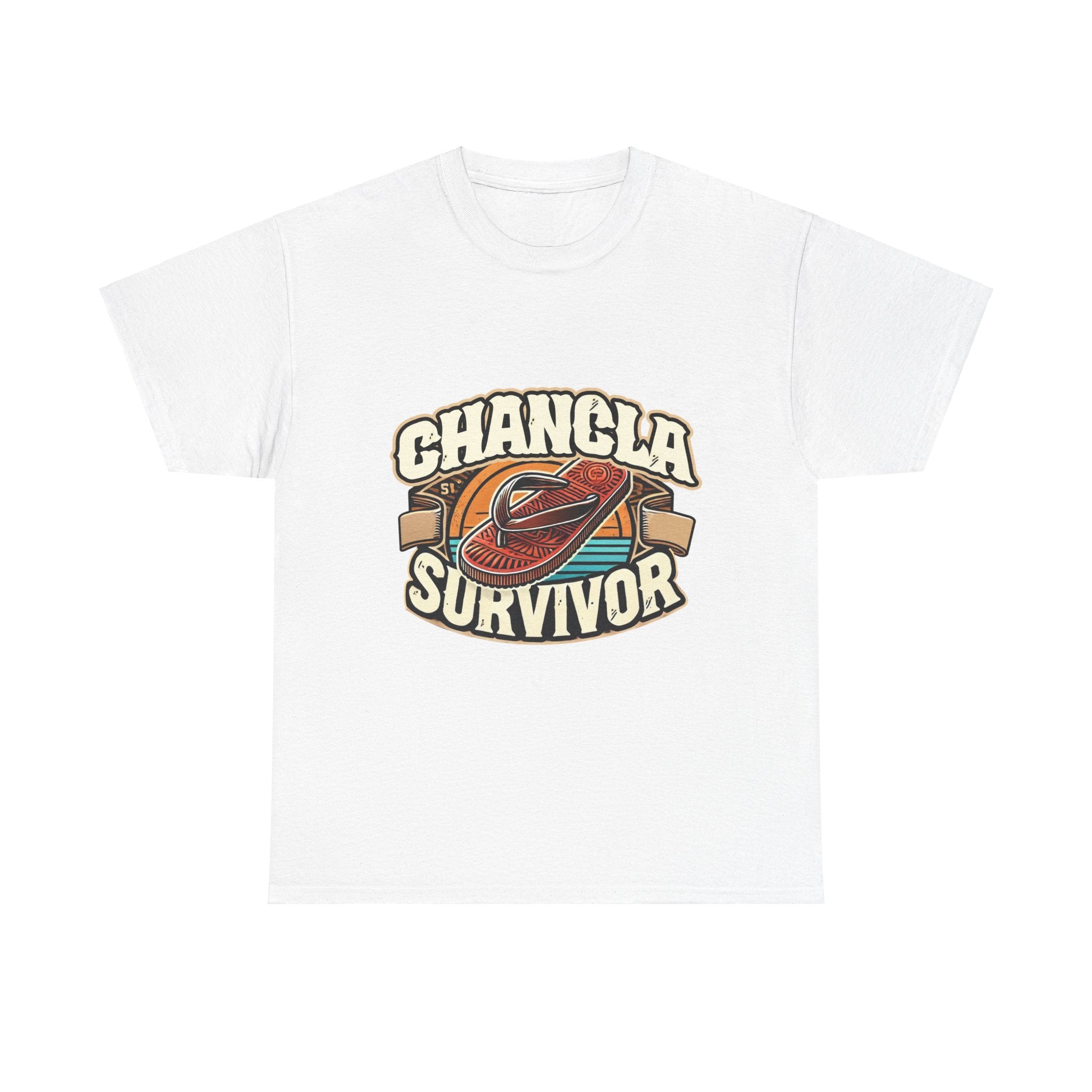 Hot Pink T-shirt featuring a retro-inspired 'Chancla Survivor' design with a graphic of a traditional sandal. Perfect for those with a sense of humor about family discipline and nostalgic cultural references.