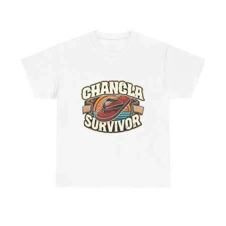 Hot Pink T-shirt featuring a retro-inspired 'Chancla Survivor' design with a graphic of a traditional sandal. Perfect for those with a sense of humor about family discipline and nostalgic cultural references.