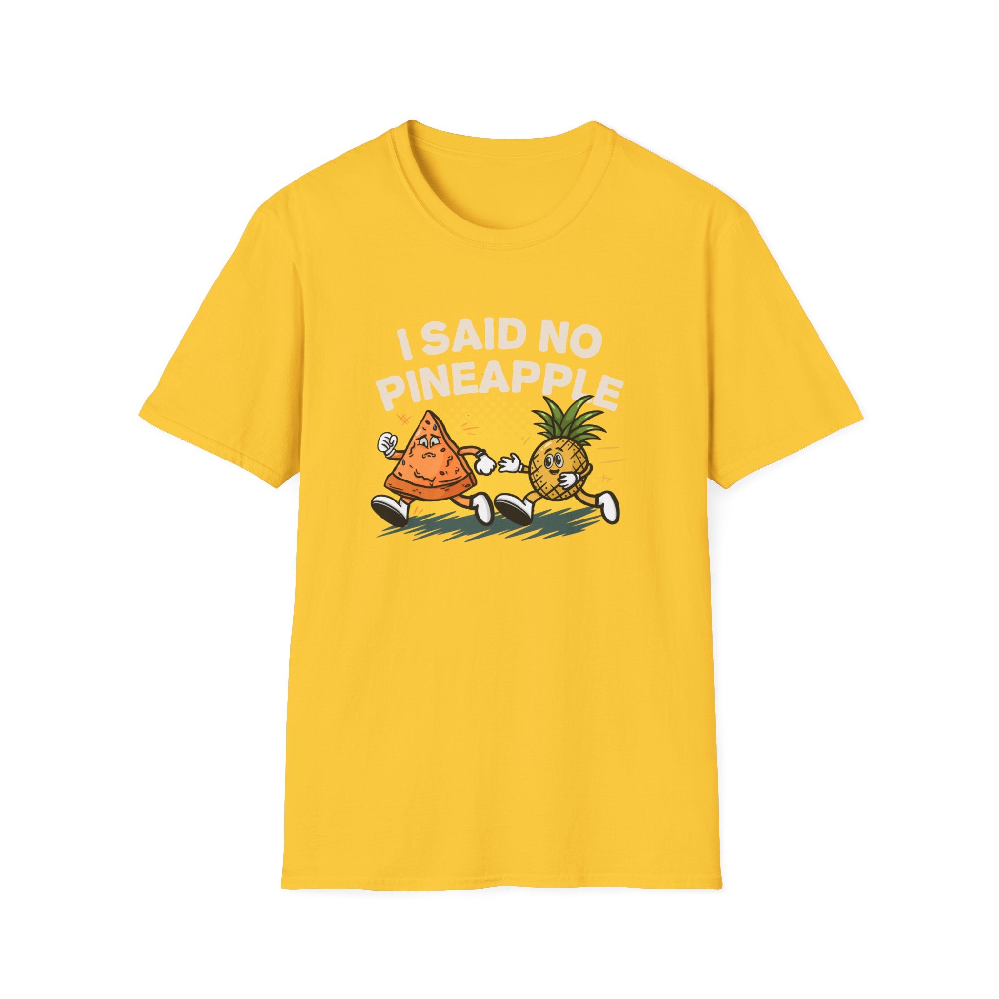 Bright Yellow T-shirt featuring a humorous 'I Said No Pineapple' design with animated characters of a pizza slice and a pineapple in a playful scene. Perfect for pizza lovers with a sense of humor about the pineapple-on-pizza debate.