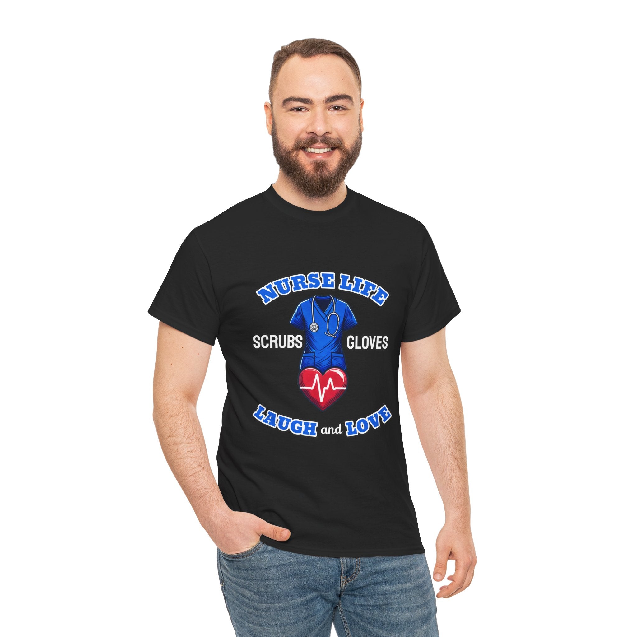 A smiling man wearing a black T-shirt with the design "Nurse Life - Scrubs, Gloves, Laugh and Love," featuring a stethoscope and heart symbol. This shirt is part of a Nurse Week clothing gift collection, ideal for nurses to celebrate and showcase their dedication. Perfect for Nurse Week clothing gifts for nurses.