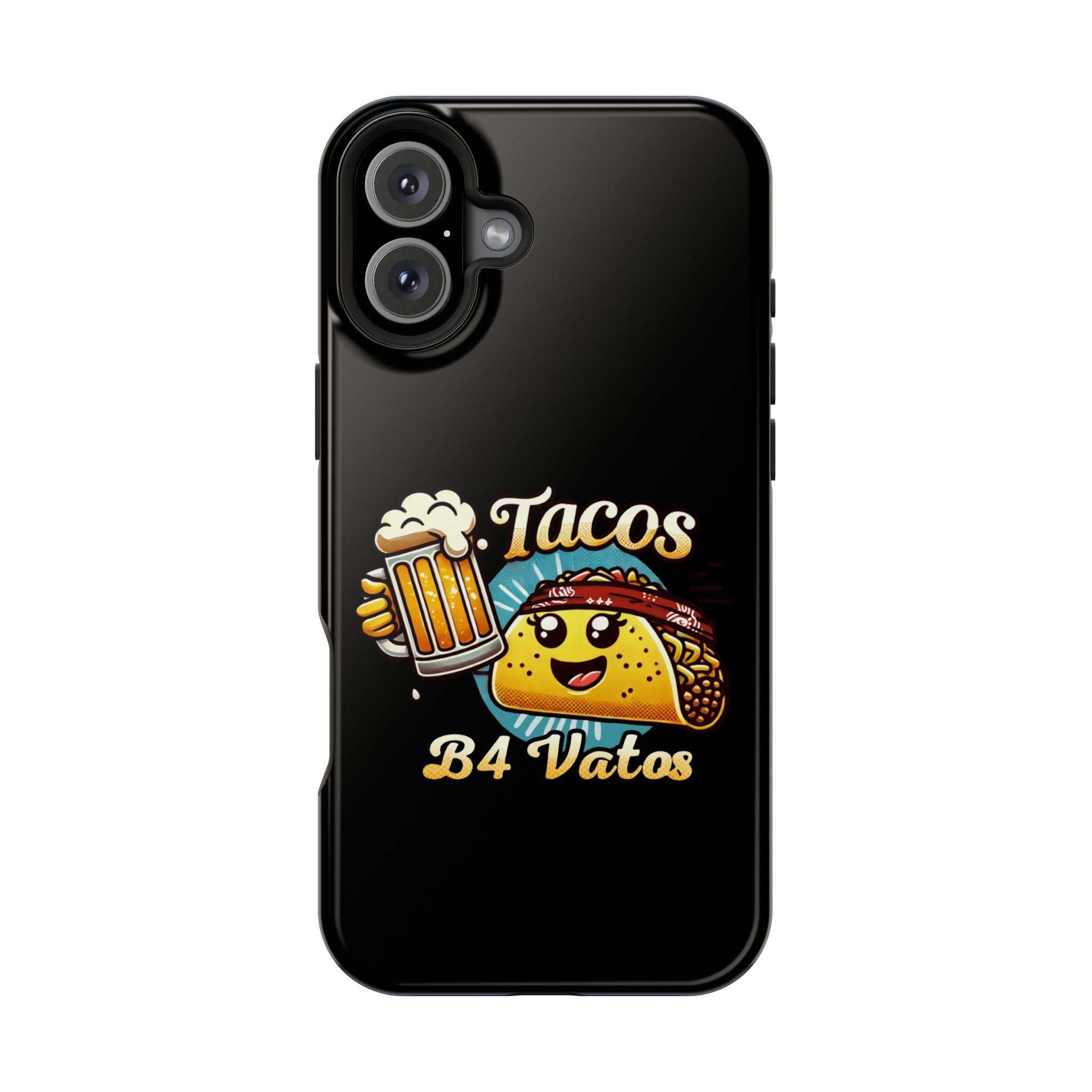 Black iPhone 16 magnetic phone case featuring a playful 'Tacos B4 Vatos' design with a cheerful taco character holding a frothy beer mug. Perfect for taco lovers who want a fun and unique phone accessory.