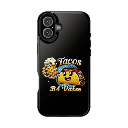 Black iPhone 16 magnetic phone case featuring a playful 'Tacos B4 Vatos' design with a cheerful taco character holding a frothy beer mug. Perfect for taco lovers who want a fun and unique phone accessory.