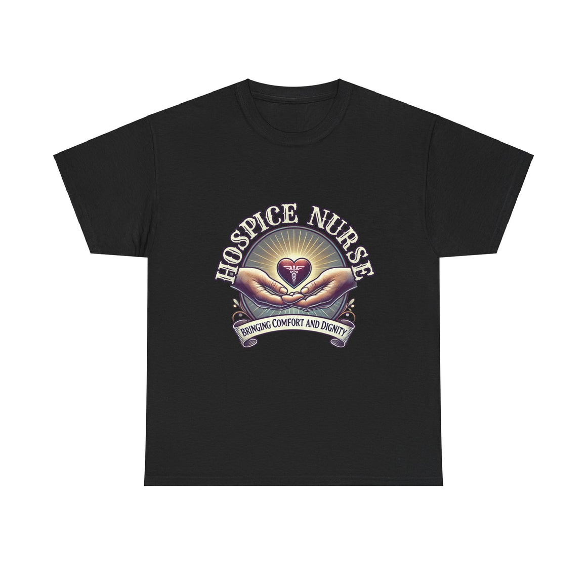 Black Hospice nurse t-shirt featuring a compassionate design with hands holding a heart and the phrase 'Bringing Comfort and Dignity,' symbolizing the care and support provided by hospice nurses. Ideal for hospice nurses who are dedicated to their mission.