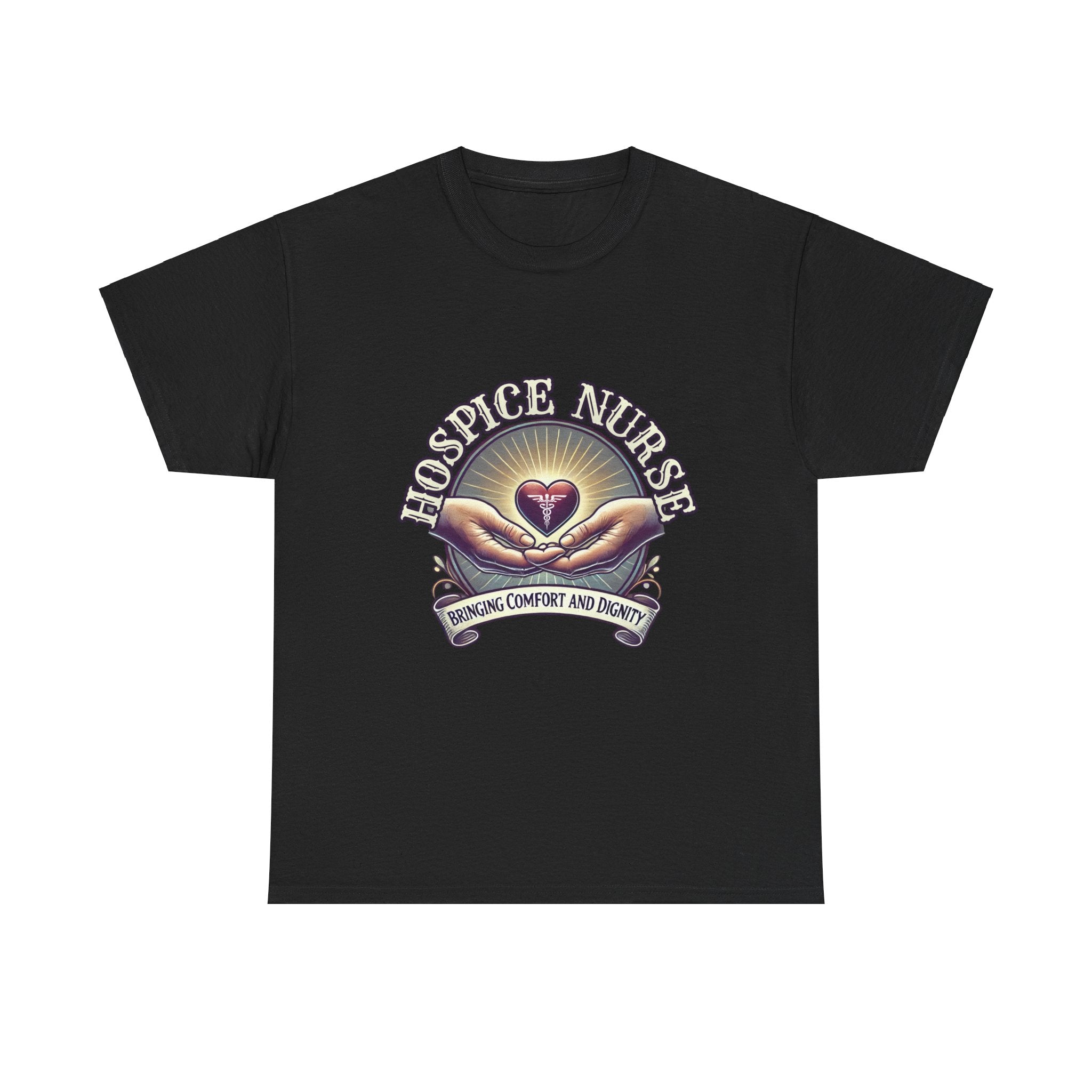 Black Hospice nurse t-shirt featuring a compassionate design with hands holding a heart and the phrase 'Bringing Comfort and Dignity,' symbolizing the care and support provided by hospice nurses. Ideal for hospice nurses who are dedicated to their mission.