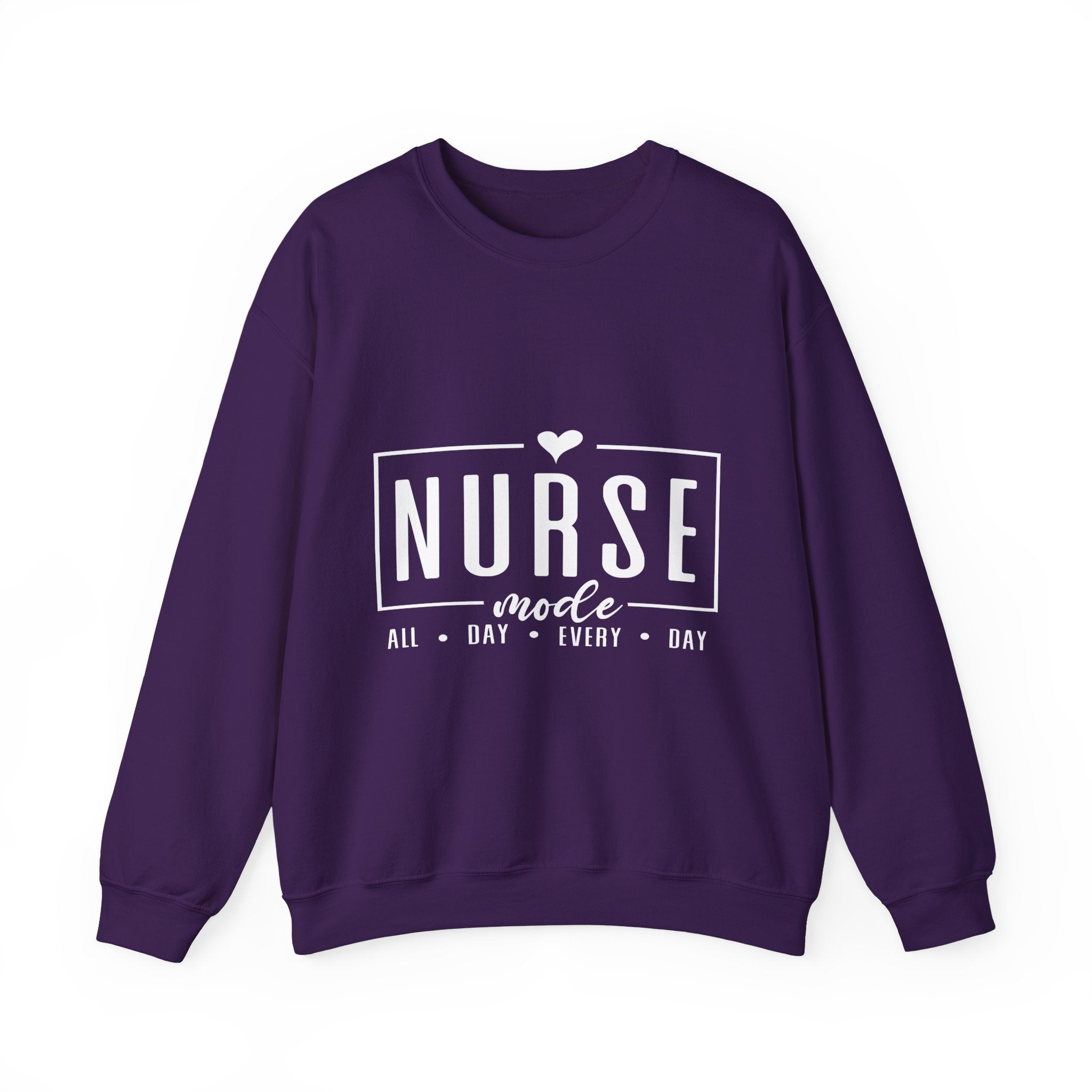 Woman wearing a purple sweatshirt with 'Nurse Mode All Day Every Day' printed in white text,  and hands on her waistband. Stylish design perfect for Nurses Week Custom Shirt Suggestions.