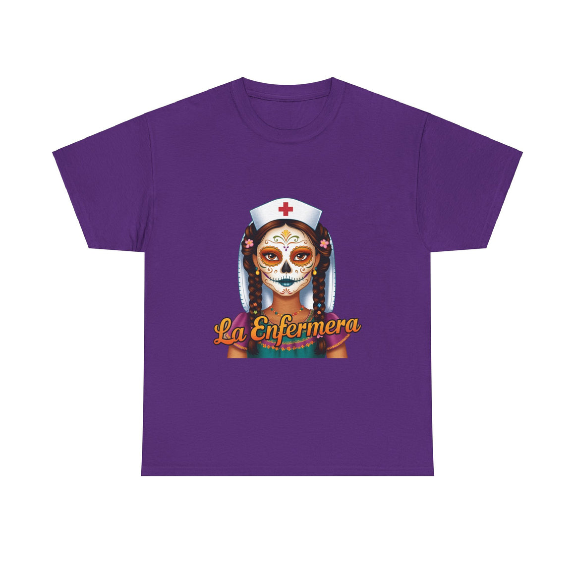 A picture of a nurse wearing a t shirt with a graphic of the day of the dead nurse on the front and it reads La Enfermera