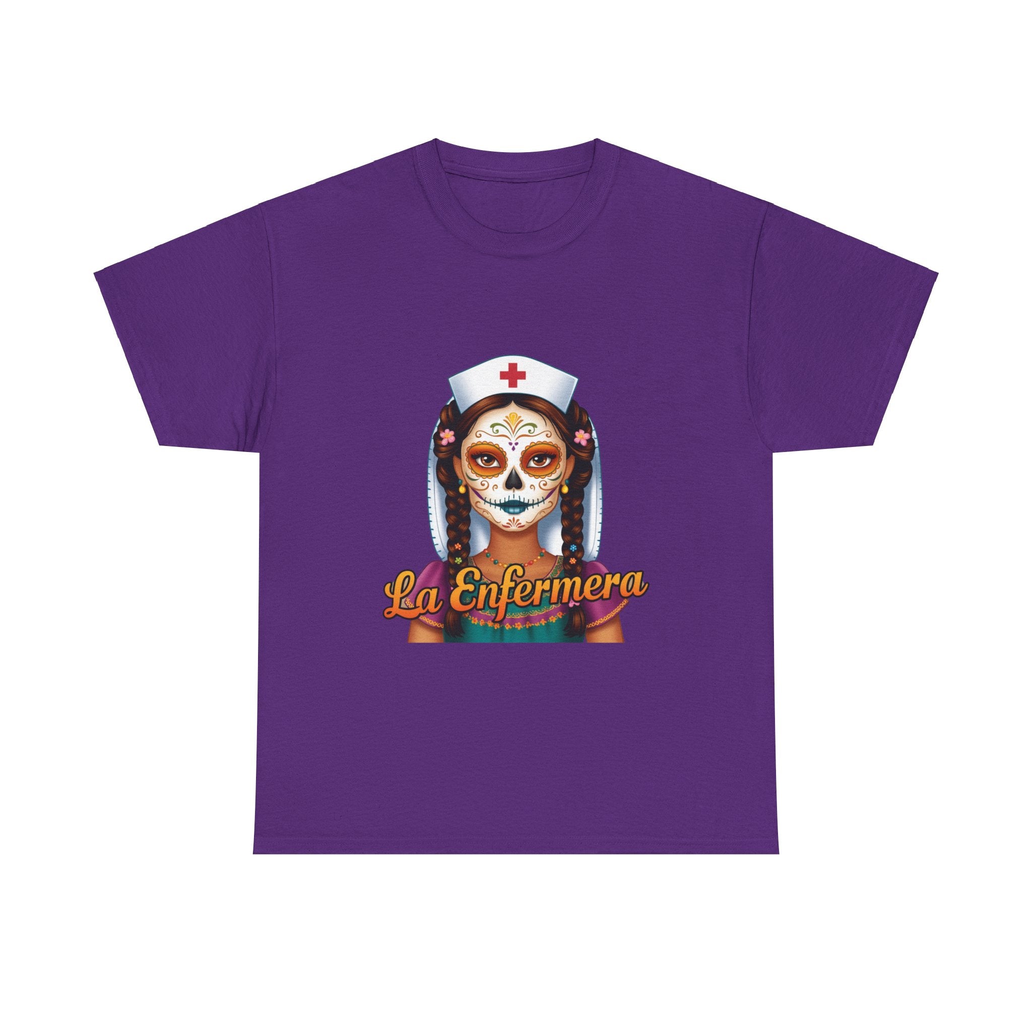 A picture of a nurse wearing a t shirt with a graphic of the day of the dead nurse on the front and it reads La Enfermera