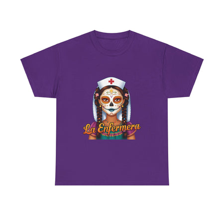 A picture of a nurse wearing a t shirt with a graphic of the day of the dead nurse on the front and it reads La Enfermera