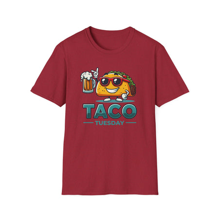Red 'Taco Tuesday' t-shirt featuring a fun taco character wearing sunglasses and holding a frothy beer mug. Perfect for celebrating Taco Tuesday in a playful, foodie-inspired style.
