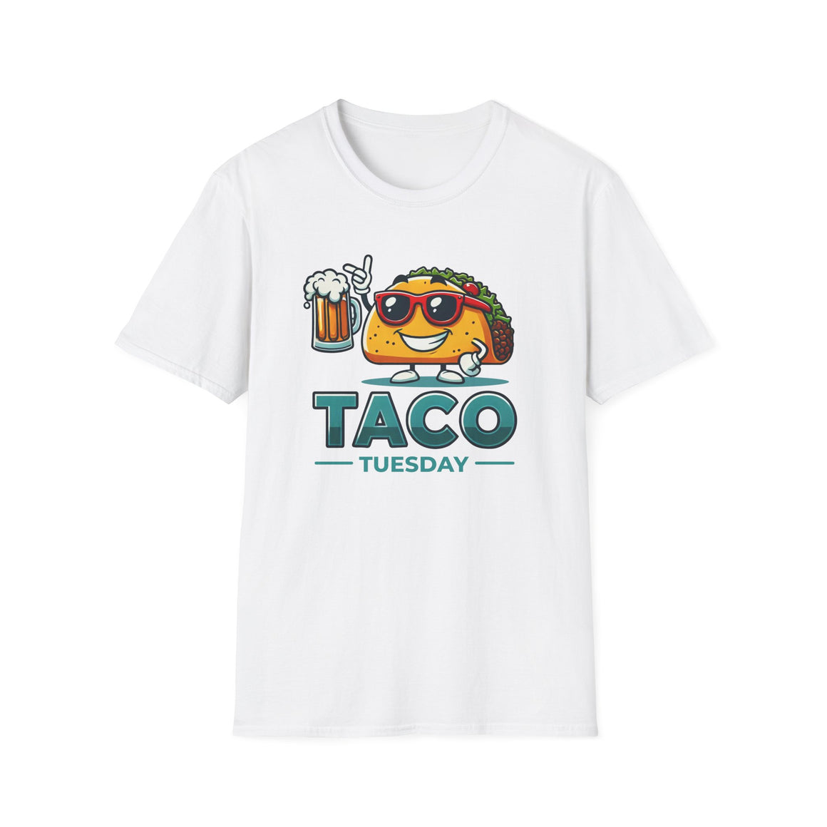 White 'Taco Tuesday' t-shirt featuring a fun taco character wearing sunglasses and holding a frothy beer mug. Perfect for celebrating Taco Tuesday in a playful, foodie-inspired style.