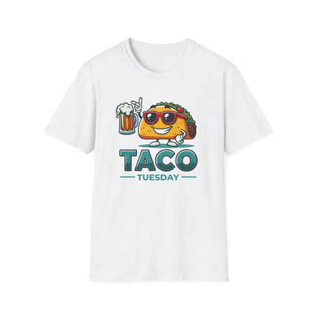 White 'Taco Tuesday' t-shirt featuring a fun taco character wearing sunglasses and holding a frothy beer mug. Perfect for celebrating Taco Tuesday in a playful, foodie-inspired style.