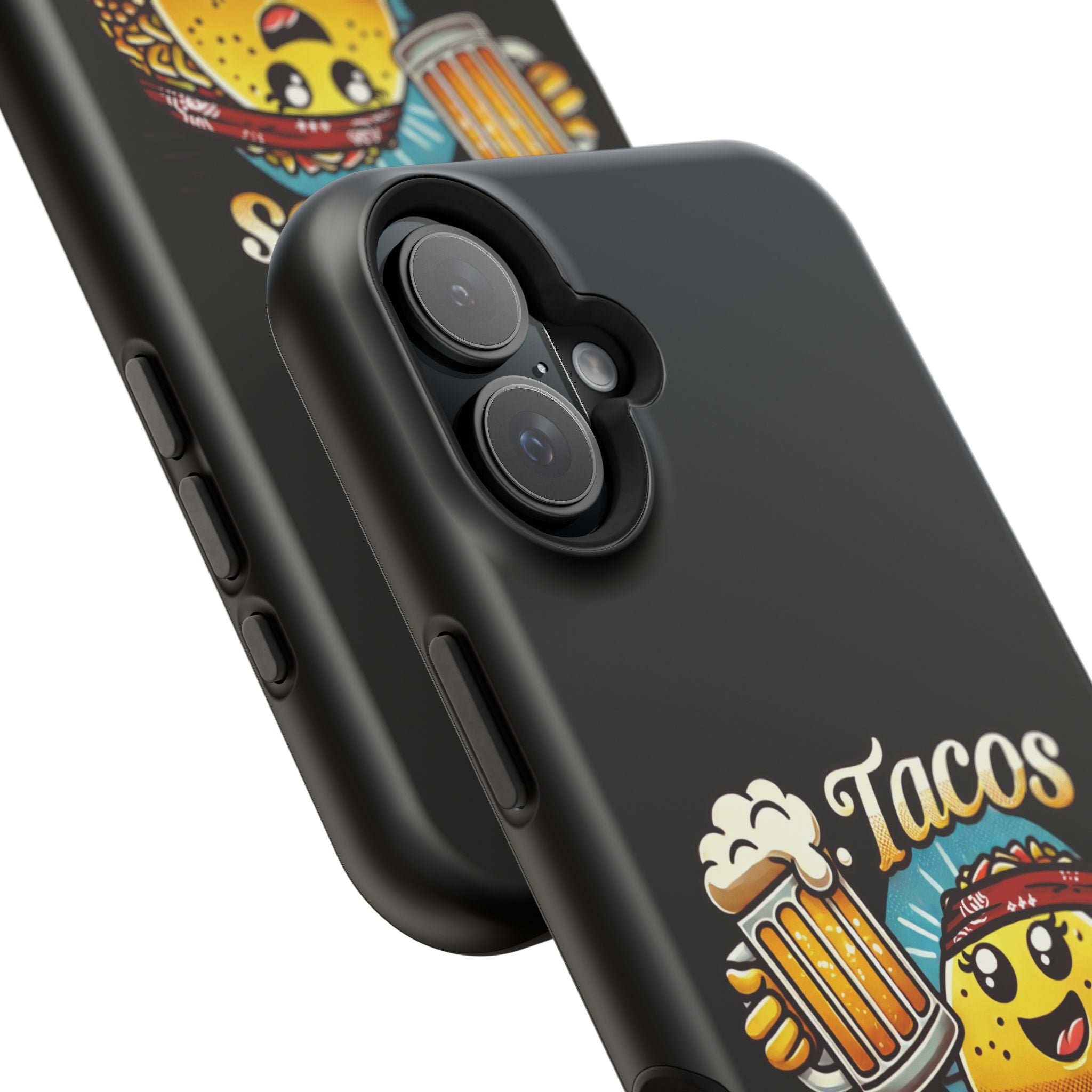 Black iPhone 16 magnetic phone case featuring a playful 'Tacos B4 Vatos' design with a cheerful taco character holding a frothy beer mug. Perfect for taco lovers who want a fun and unique phone accessory.