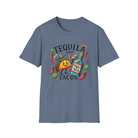 T-shirt with a fun 'Tequila and Tacos' design featuring a cheerful taco character, tequila bottle, lime slices, chili peppers, and festive elements. Perfect for taco and tequila enthusiasts who enjoy celebrating with a vibrant, fiesta-inspired style.
