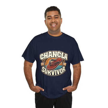 Funny Mexican t-shirt featuring the phrase 'Chancla Survivor. Navy Blue t-shirt featuring a retro-inspired 'Chancla Survivor' design with a graphic of a traditional sandal. Perfect for those with a sense of humor about family discipline and nostalgic cultural references.