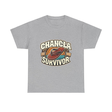 Hot Pink T-shirt featuring a retro-inspired 'Chancla Survivor' design with a graphic of a traditional sandal. Perfect for those with a sense of humor about family discipline and nostalgic cultural references.