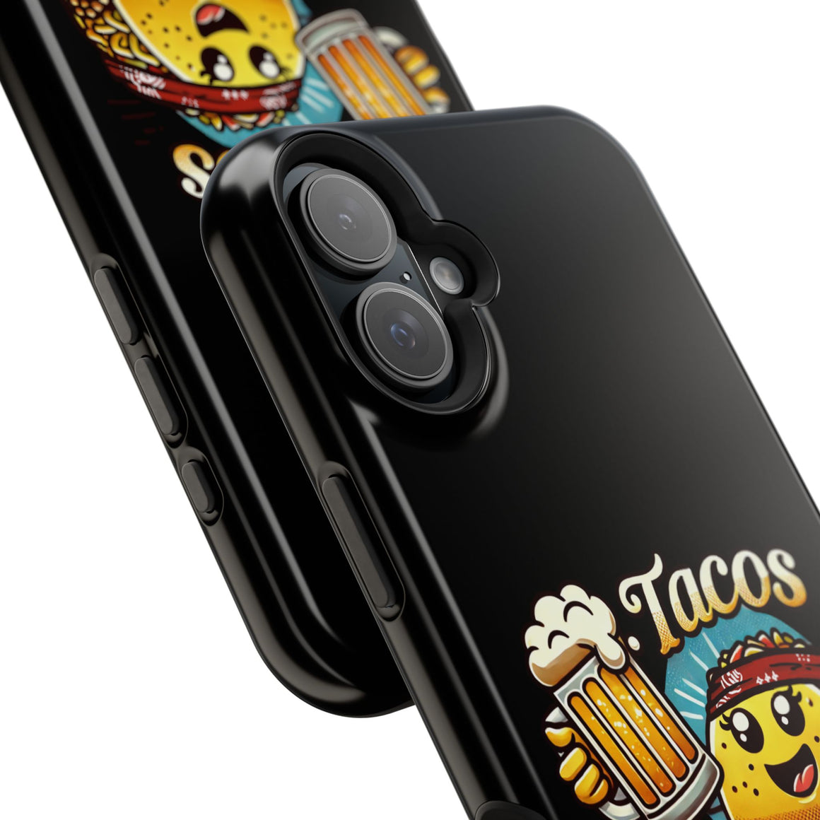 Black iPhone 16 magnetic phone case featuring a playful 'Tacos B4 Vatos' design with a cheerful taco character holding a frothy beer mug. Perfect for taco lovers who want a fun and unique phone accessory.