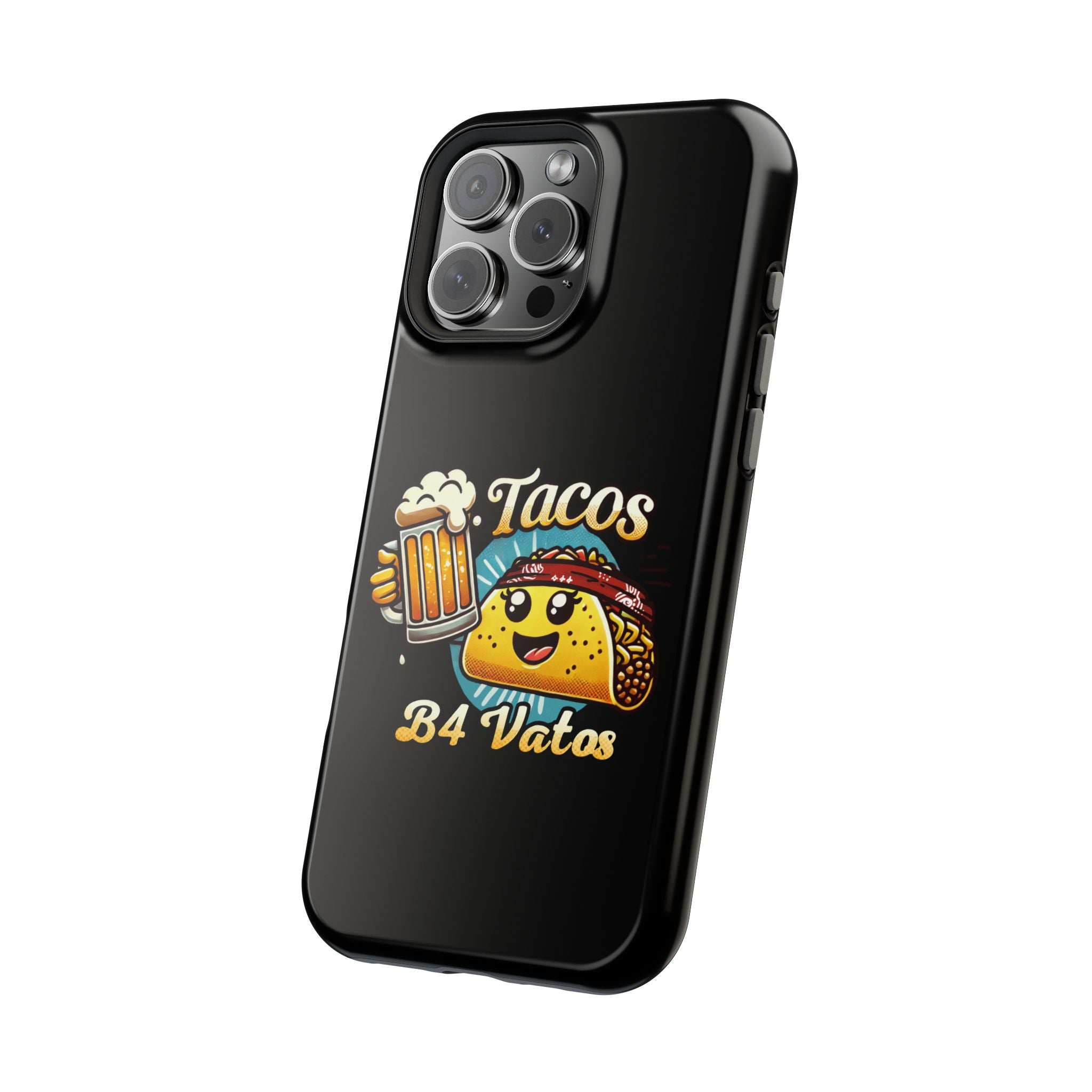 Black iPhone 16 magnetic phone case featuring a playful 'Tacos B4 Vatos' design with a cheerful taco character holding a frothy beer mug. Perfect for taco lovers who want a fun and unique phone accessory.