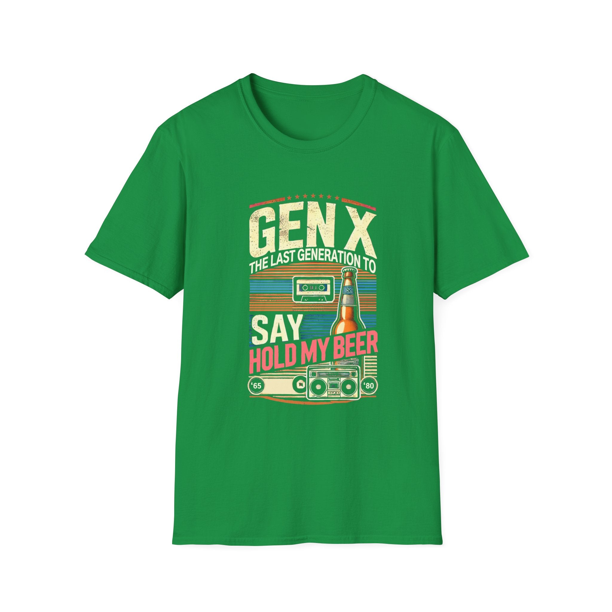 A retro-inspired design featuring the phrase 'Gen X, the last generation to say hold my beer,' along with vintage elements like a cassette tape, beer bottle, and boombox. Perfect for Generation X individuals who appreciate nostalgic humor and classic style.