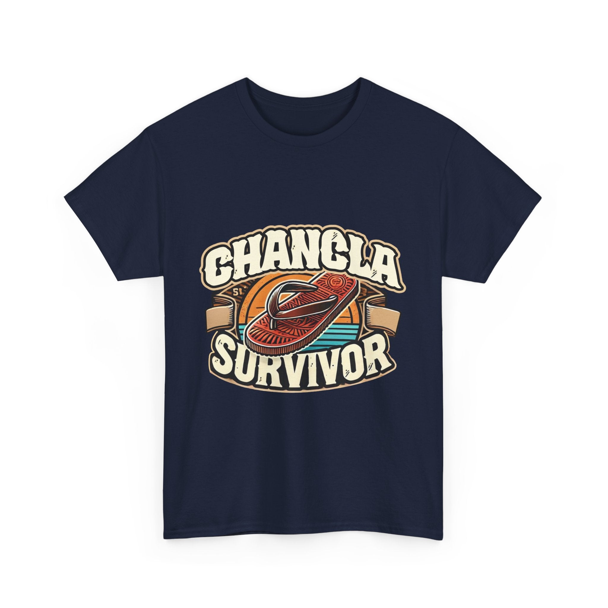 T-shirt featuring a retro-inspired 'Chancla Survivor' design with a graphic of a traditional sandal. Perfect for those with a sense of humor about family discipline and nostalgic cultural references.