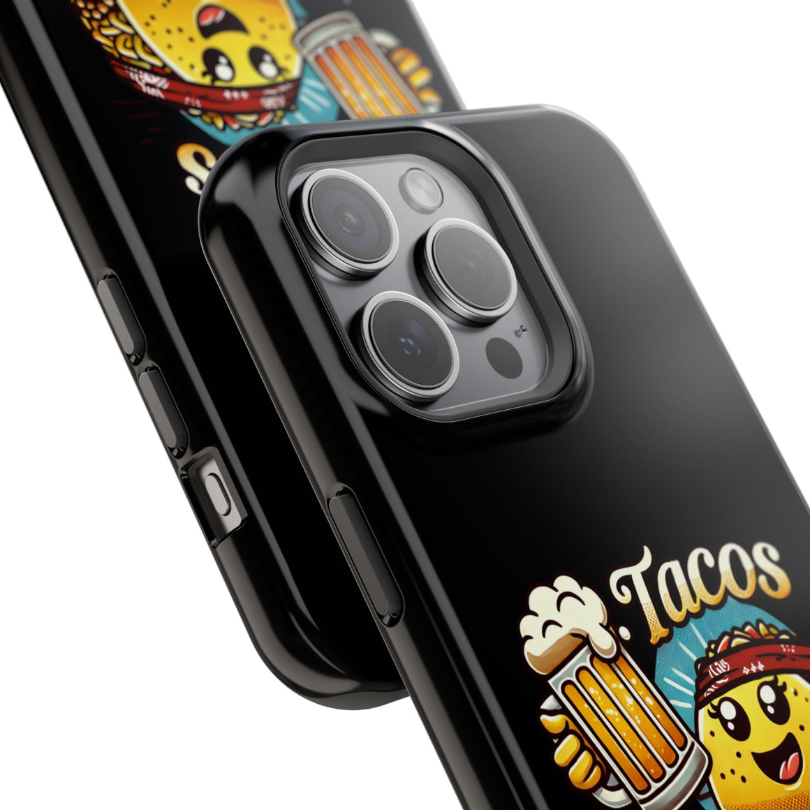 Black iPhone 16 magnetic phone case featuring a playful 'Tacos B4 Vatos' design with a cheerful taco character holding a frothy beer mug. Perfect for taco lovers who want a fun and unique phone accessory.