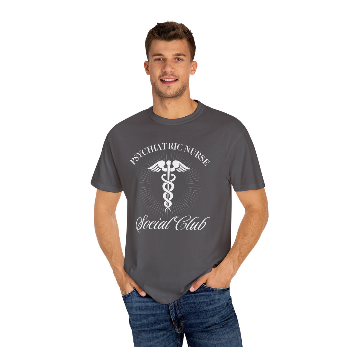 A nurse standing wearing a shirt that says Psychiatric Nurse Social Club and has a grapgic of a nurses caduceus