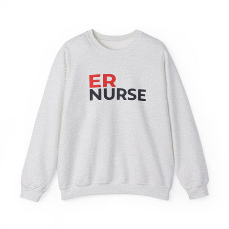 A light gray ER Nurse Sweatshirt displayed flat against a white background, showcasing its front design.