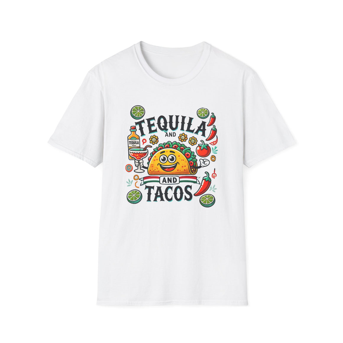 White T-shirt featuring a festive 'Tequila and Tacos' design with a smiling taco character, tequila bottle, margarita glass, lime slices, and chili peppers. Perfect for celebrating fiestas and taco nights with a fun and lively style.