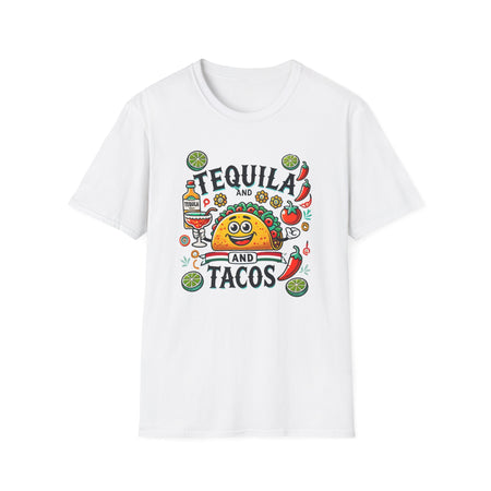White T-shirt featuring a festive 'Tequila and Tacos' design with a smiling taco character, tequila bottle, margarita glass, lime slices, and chili peppers. Perfect for celebrating fiestas and taco nights with a fun and lively style.
