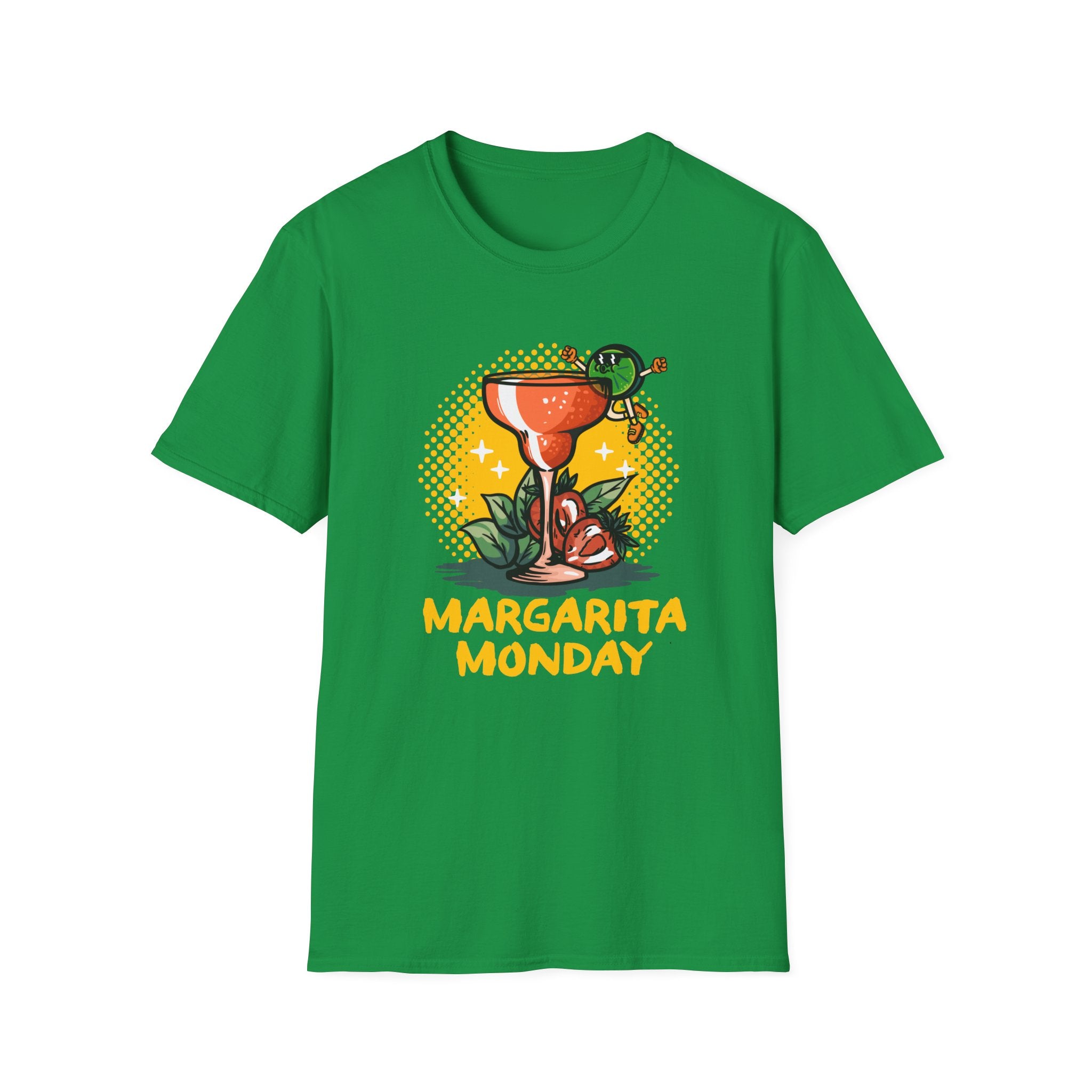 a Irish green T-shirt with a "Margarita Monday" design, featuring a vibrant margarita glass illustration and bold yellow text. This is one of the trendy Margarita Monday T-shirt styles, adding a fun and playful vibe to her casual look, perfect for celebrating Margarita Monday in style.