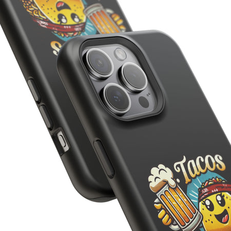 Black iPhone 16 magnetic phone case featuring a playful 'Tacos B4 Vatos' design with a cheerful taco character holding a frothy beer mug. Perfect for taco lovers who want a fun and unique phone accessory.