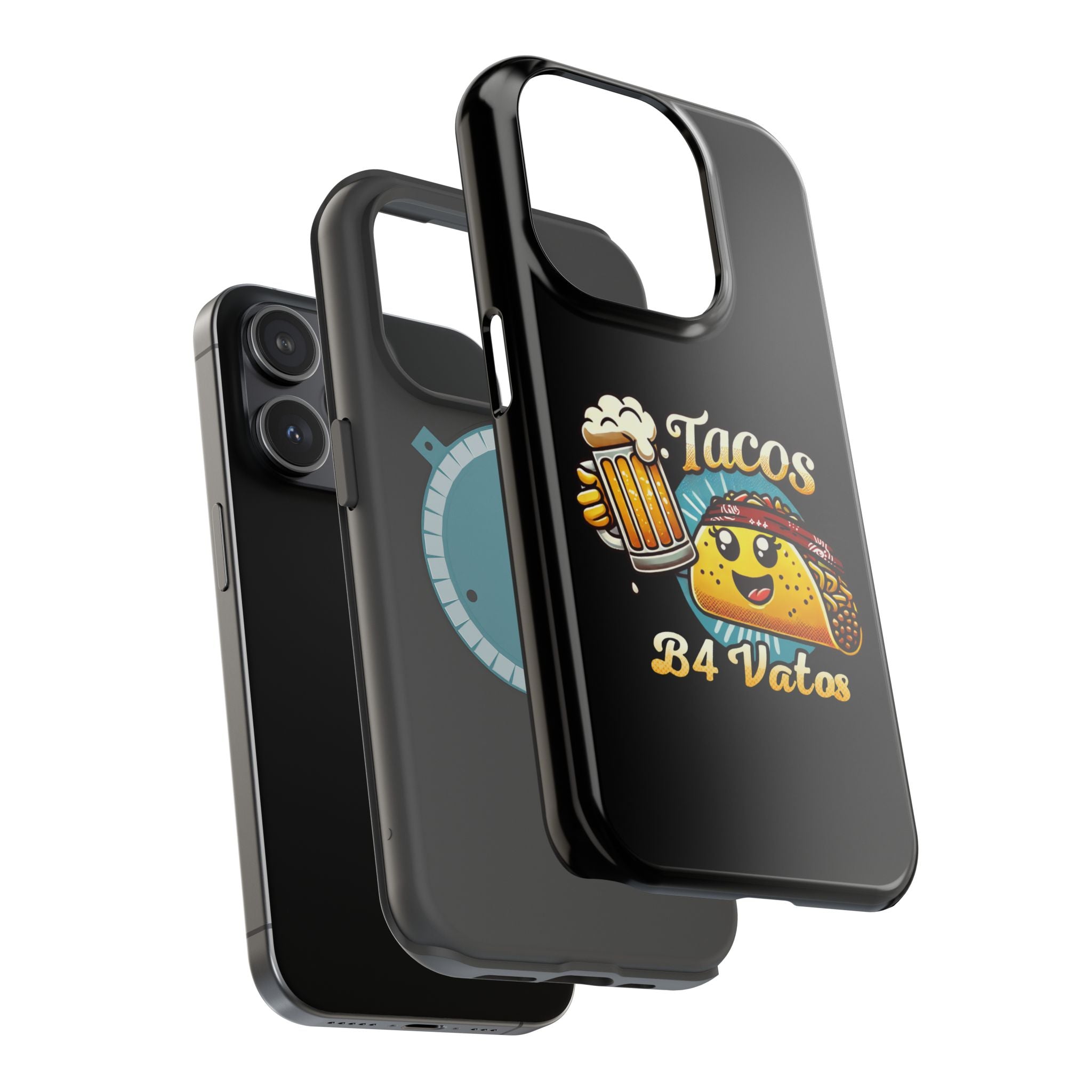 Black iPhone 16 magnetic phone case featuring a playful 'Tacos B4 Vatos' design with a cheerful taco character holding a frothy beer mug. Perfect for taco lovers who want a fun and unique phone accessory.