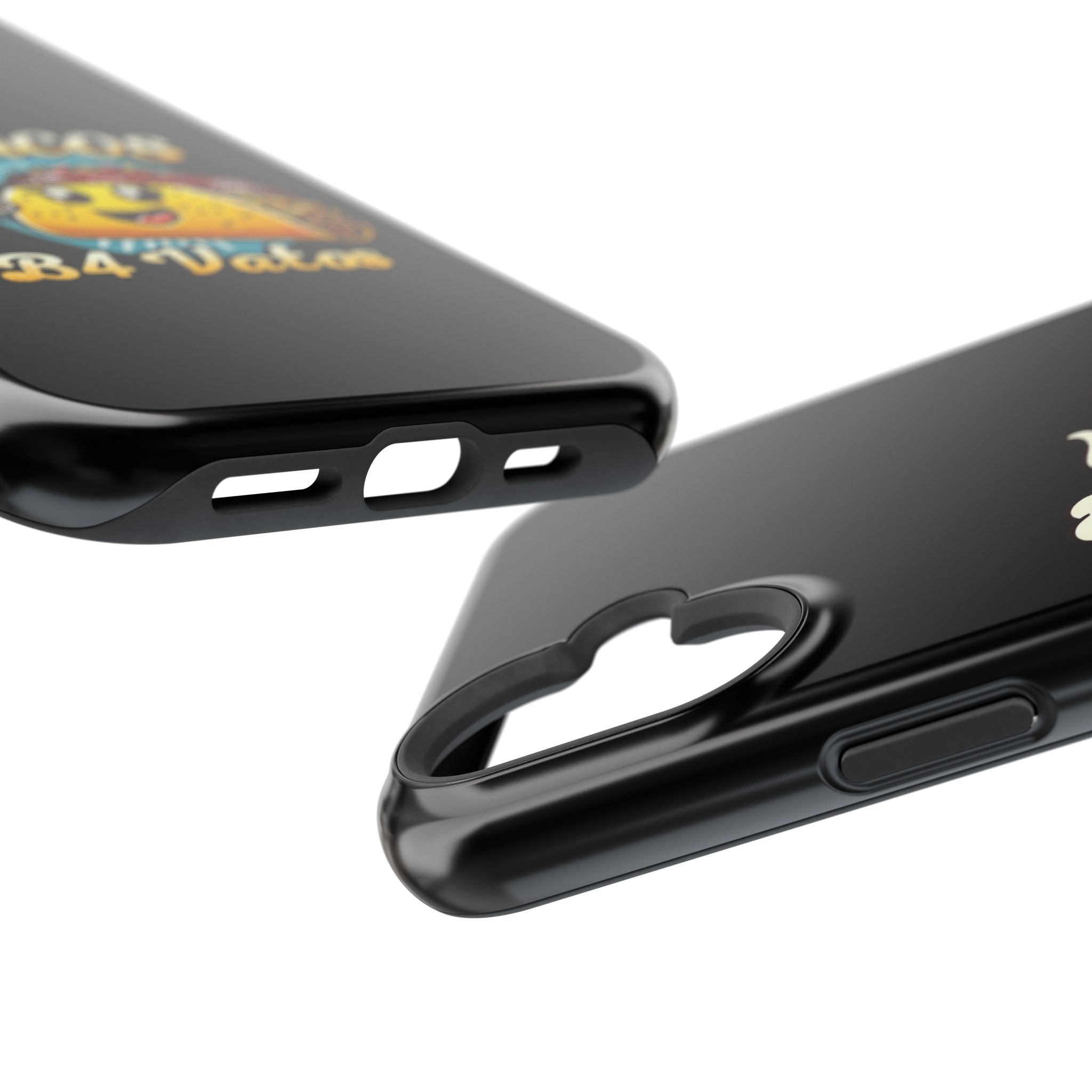 Black iPhone 16 magnetic phone case featuring a playful 'Tacos B4 Vatos' design with a cheerful taco character holding a frothy beer mug. Perfect for taco lovers who want a fun and unique phone accessory.