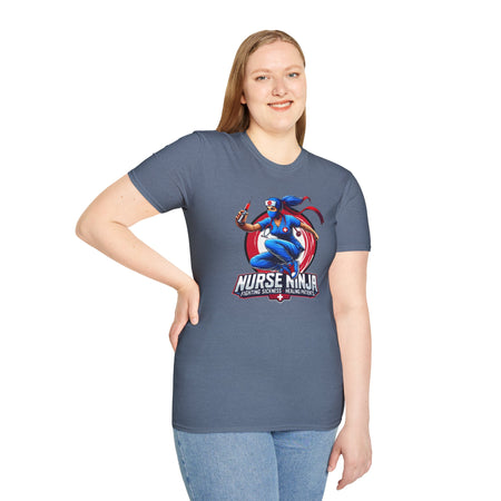 A T-shirt  featuring one of the Nurse Ninja t-shirt designs, depicting a dynamic nurse dressed as a ninja holding a syringe. The graphic includes the text "Nurse Ninja - Fighting Sickness, Healing Patients," showcasing a bold and heroic theme, perfect for healthcare professionals.