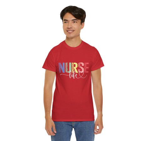 a young man wearing a red t-shirt with a colorful 'Nurse Life' design, showcasing nurse life t-shirt nurse week ideas for a stylish and professional look.