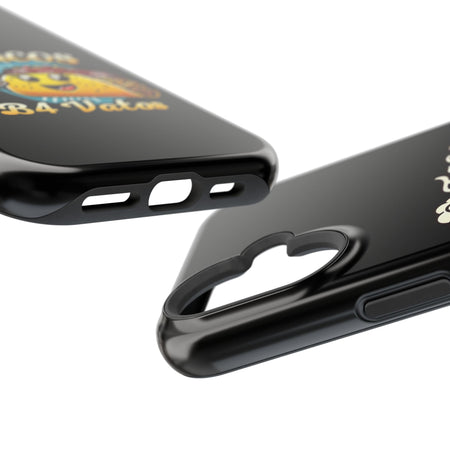 Black iPhone 16 magnetic phone case featuring a playful 'Tacos B4 Vatos' design with a cheerful taco character holding a frothy beer mug. Perfect for taco lovers who want a fun and unique phone accessory.