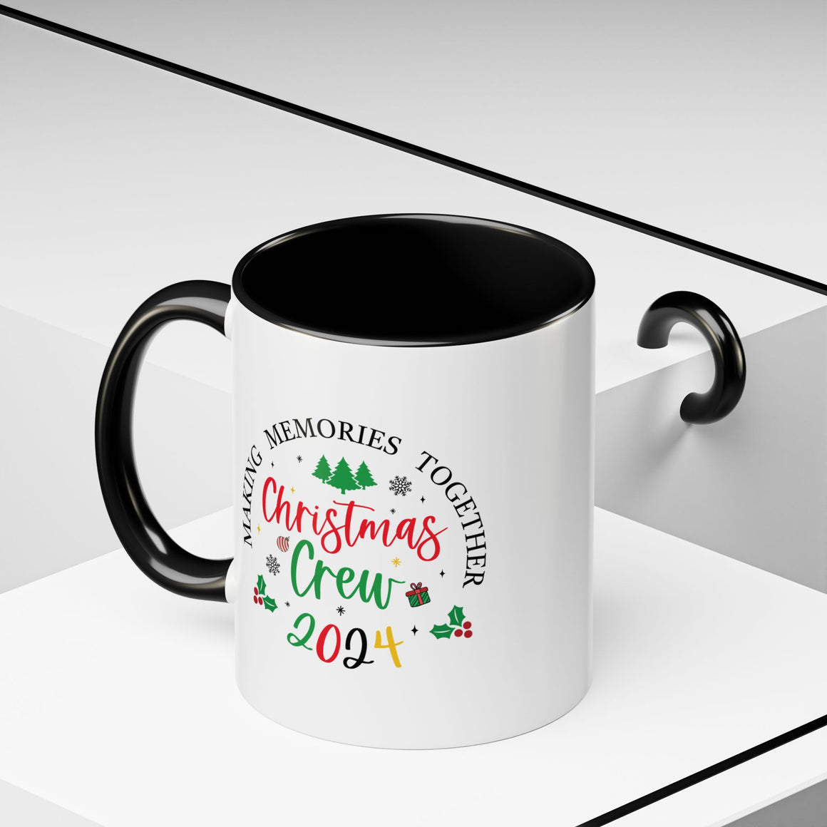 Festive coffee cup design featuring the text 'Christmas Crew 2024' in red and green with holiday elements like Christmas trees, holly, ornaments, and a gift box. Perfect for holiday gatherings and festive cheer.