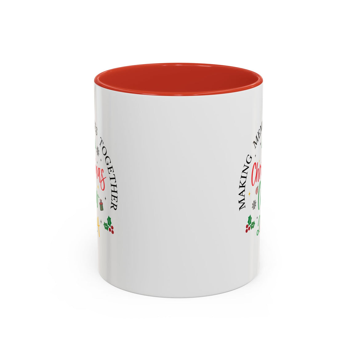 A white Festive Christmas Coffee Cup featuring a colorful "Christmas Crew 2024" design. The text reads "Making Memories Together" with holiday-themed icons, including Christmas trees, snowflakes, holly, and a small gift box. This cheerful cup is perfect for spreading holiday cheer and enjoying warm drinks during the festive season.