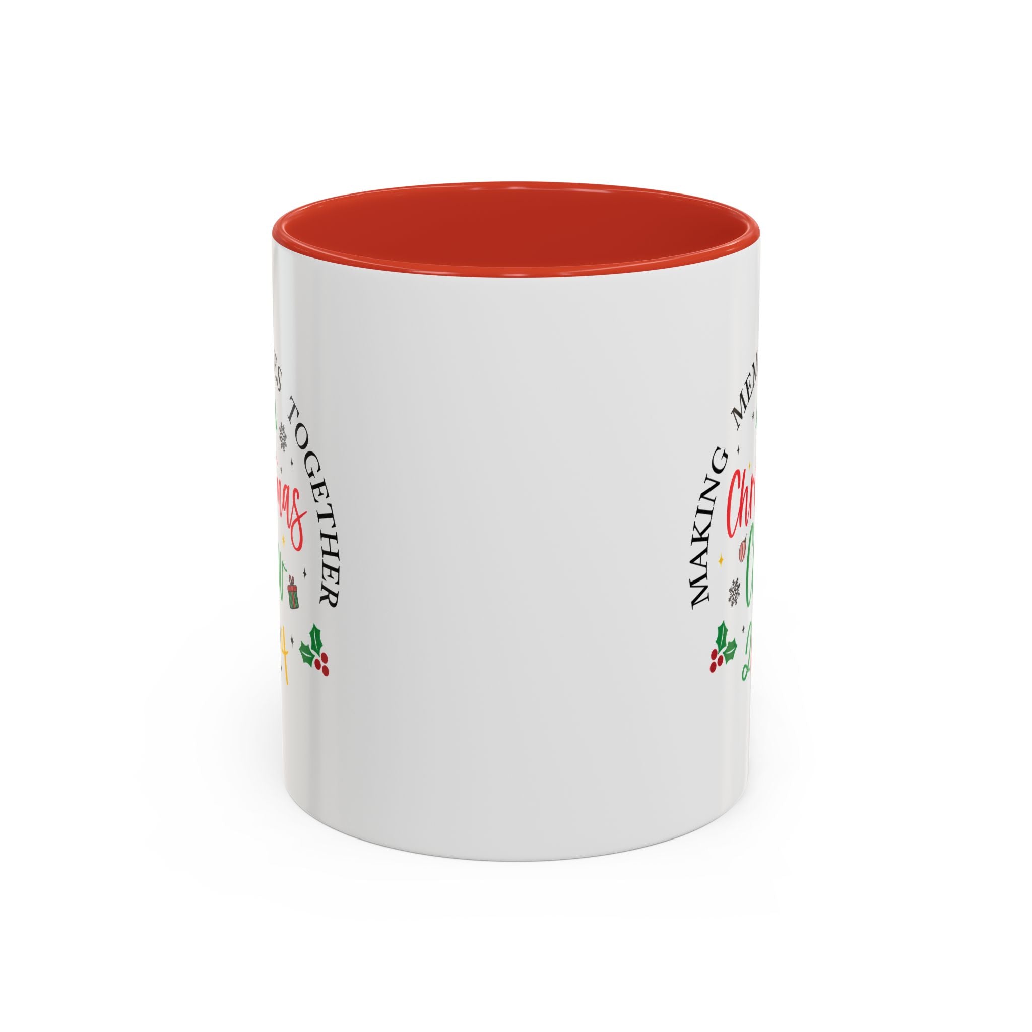 A white Festive Christmas Coffee Cup featuring a colorful "Christmas Crew 2024" design. The text reads "Making Memories Together" with holiday-themed icons, including Christmas trees, snowflakes, holly, and a small gift box. This cheerful cup is perfect for spreading holiday cheer and enjoying warm drinks during the festive season.